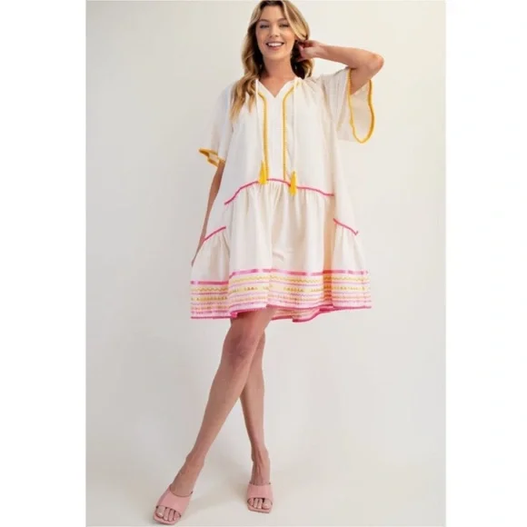 NEW! Easel Cotton Embroidered Pom Pom Trim Flutter Sleeves Pocket Dress! - Picture 4 of 5